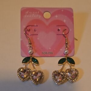 Pink Heart Cherry Earrings with Green Leaves